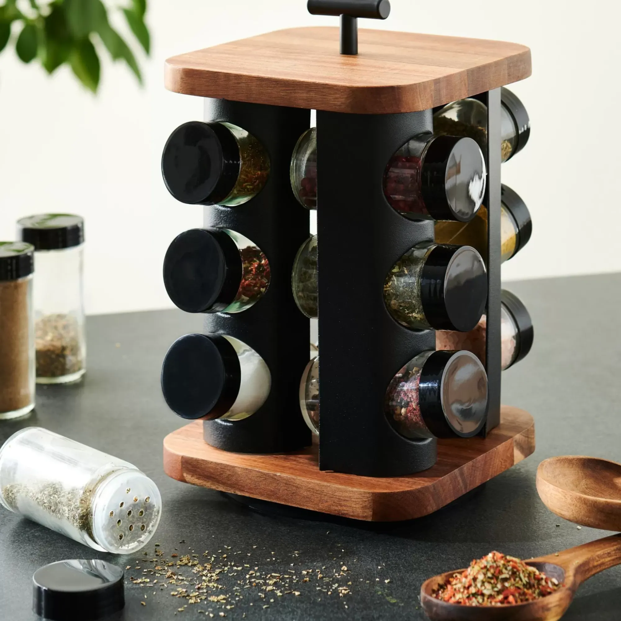 CASA Acacia Lux Carrusel De Hierbas 12 Botes Rotacion De 360° Negro, Natural Cheap